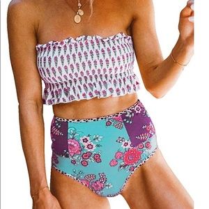 2 pcs bandeau top swimsuit with high waist bottoms